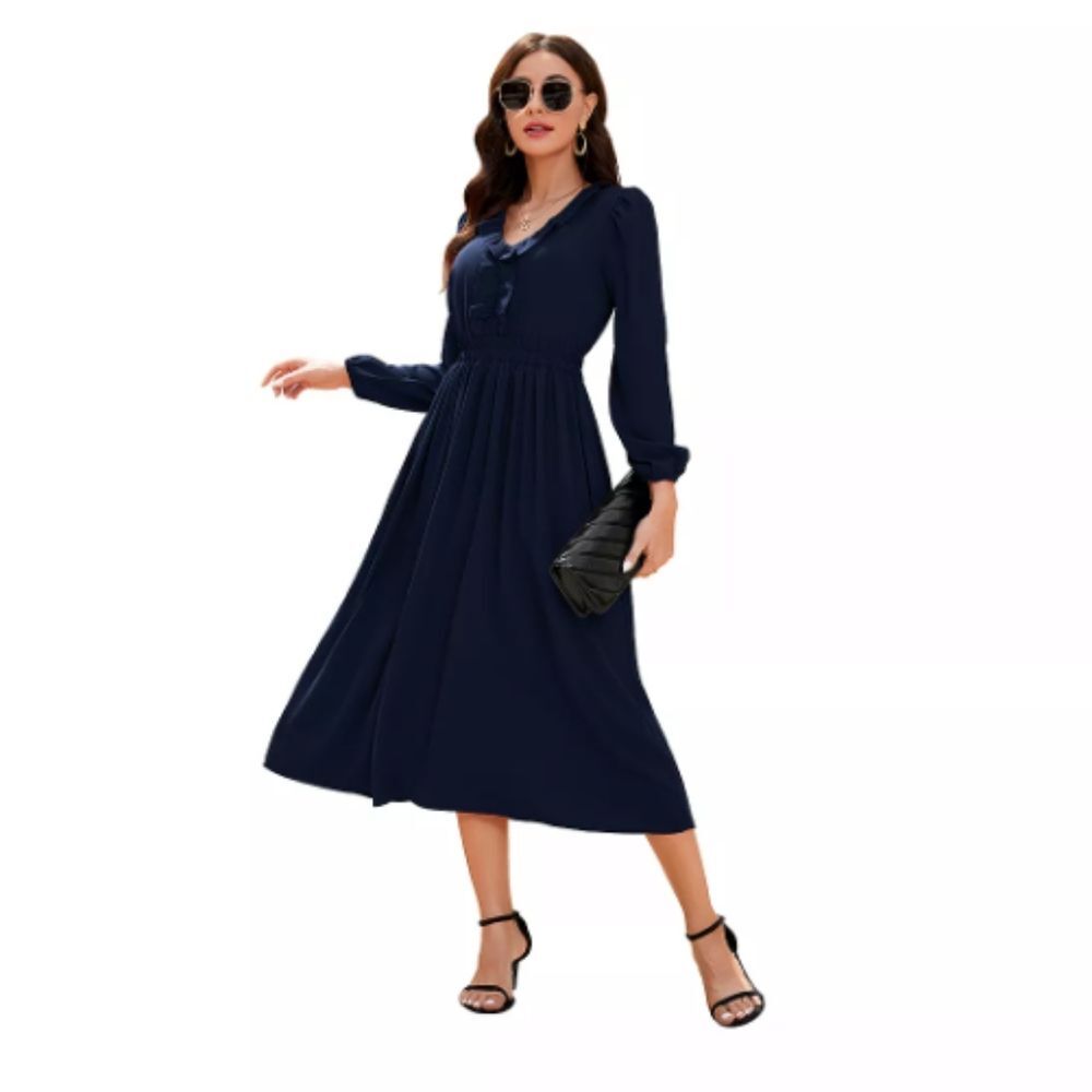 Leadingstar Navy Blue Ruffle Trim V Neck Long Sleeve Midi Dress Size XXL NWT